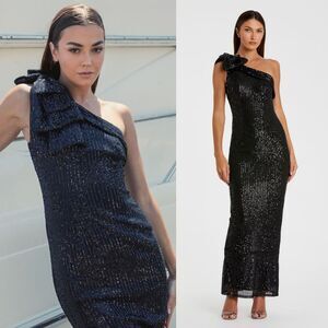Mac Duggal‎ Ieena NEW Black Sequined Bow One Shoulder Column Gown - Size 14